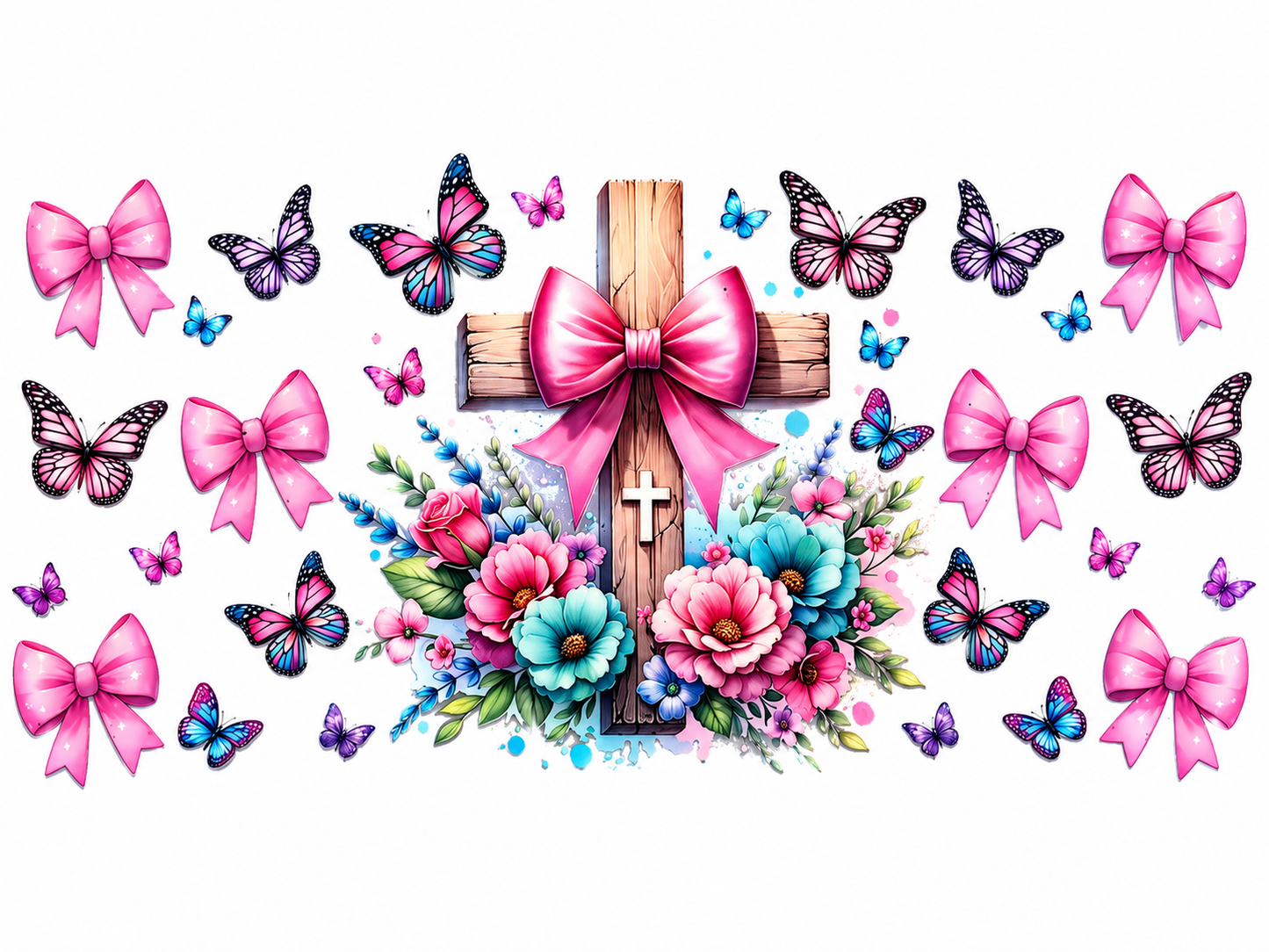 MCW-RE015 | Pink Bow Floral Cross & Butterflies